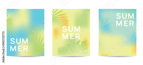 Trendy summer tropical gradient background set with palm leaves, minimal posters collection. Template for social media