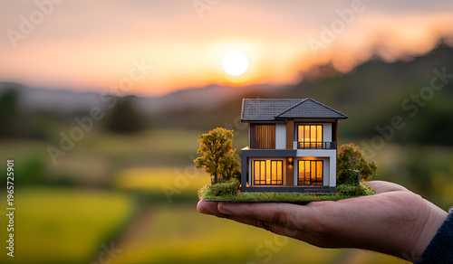 A miniature house model sits atop a hand, set against a blurred background of a setting sun, landscape, and trees