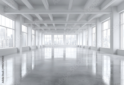 A spacious, bright, and modern interior showcases a minimalist design with expansive windows offering a cityscape view. Reflective floor