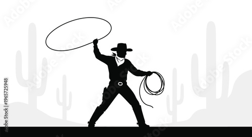 Cowboy, lasso, western, vector silhouette, desert landscape, black and white