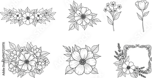 Black and White Floral Illustrations with Flower Arrangements, Frames, and Single Blooms, Hand-Drawn Botanical Designs for Wedding and Vintage Projects