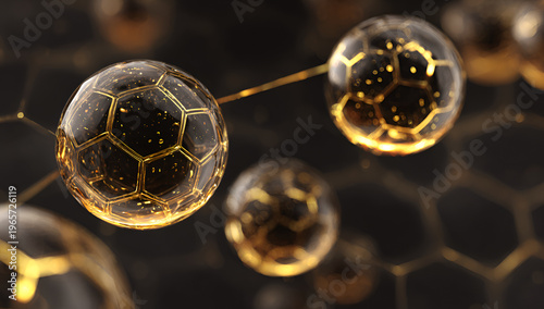 Close-up view of multiple, spherical, translucent orbs with honeycomb-like inner structures, connected by gold-like lines against a dark background