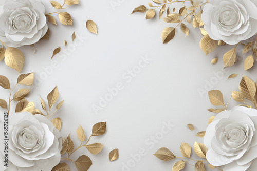 An elegant, floral composition with three-dimensional white roses and golden leaves, set against a bright, neutral backdrop