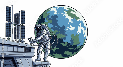 Pixelated astronaut on space station repairs solar panels with Earth behind