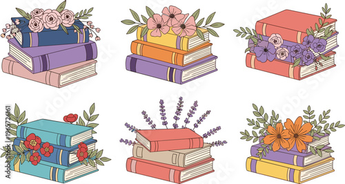 Vector Set of Colorful Books with Floral Arrangements, Book Stack Illustrations for Book Lover, Library, and Stationery Designs