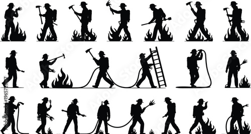 Firefighter silhouettes set showing multiple firefighting actions with hoses tools ladders and flames isolated on white background for emergency response safety and rescue illustration concept
