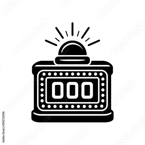 Black and white illustration of a slot machine with glowing jackpot display and sunburst