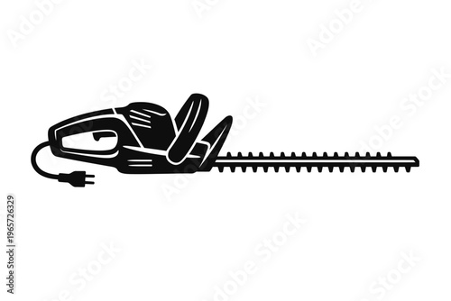 Black and white illustration of an electric hedge trimmer with a long blade and corded plug for gardening and landscaping tasks