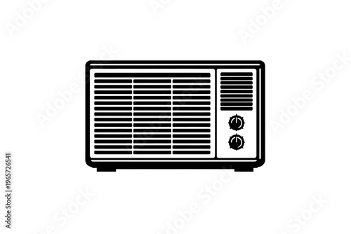 Black and white illustration of a vintage air conditioner unit with grille and dials for temperature control and fan speed