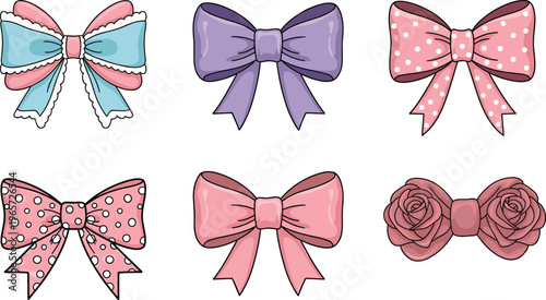 Vector Set of Cute Decorative Bows in Pink, Purple, and Blue with Polka Dots and Rose Design, Stylish Ribbons for Fashion and Accessories