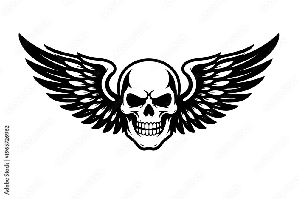 Fototapeta premium A black and white illustration of a skull with wings, symbolizing rebellion and freedom, with a bold and edgy design