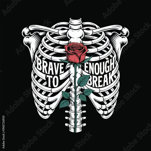Symbolic depiction of courage with a human ribcage and ruby heart isolated on white background, Vector, illustration