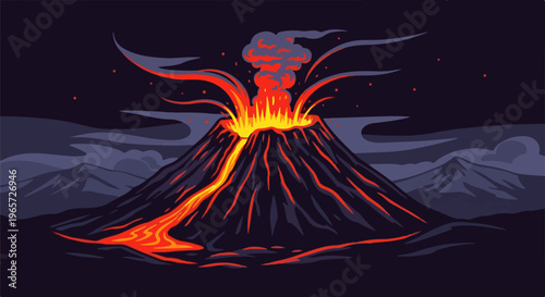 Pixel art of a volcano erupting lava and ash under a dark sky