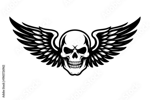 A black and white illustration of a skull with wings, symbolizing rebellion and freedom, with a bold and edgy design