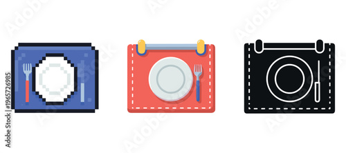Pixel art icons of dinner plates with fork and knife in different styles