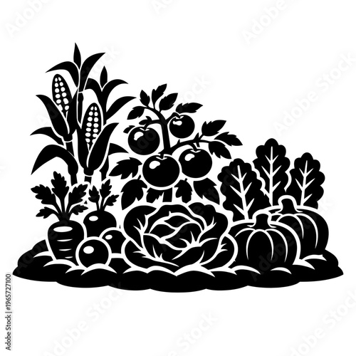 Black silhouette illustration of various fresh organic vegetables and fruits on soil