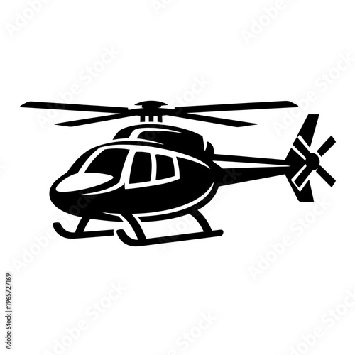 Black helicopter silhouette flying in the air with rotor blades spinning fast on white background
