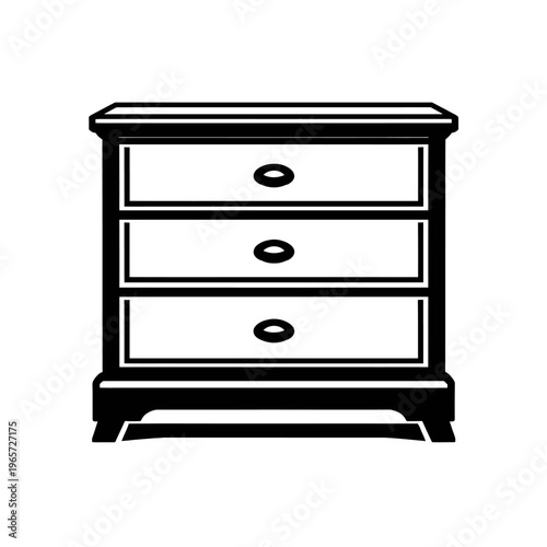 Simple black and white illustration of a three-drawer dresser or nightstand with a classic design