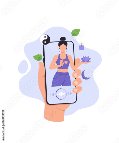 Smartphone screen shows a calm woman practicing yoga and meditation, promoting digital wellness and mindfulness lifestyle.