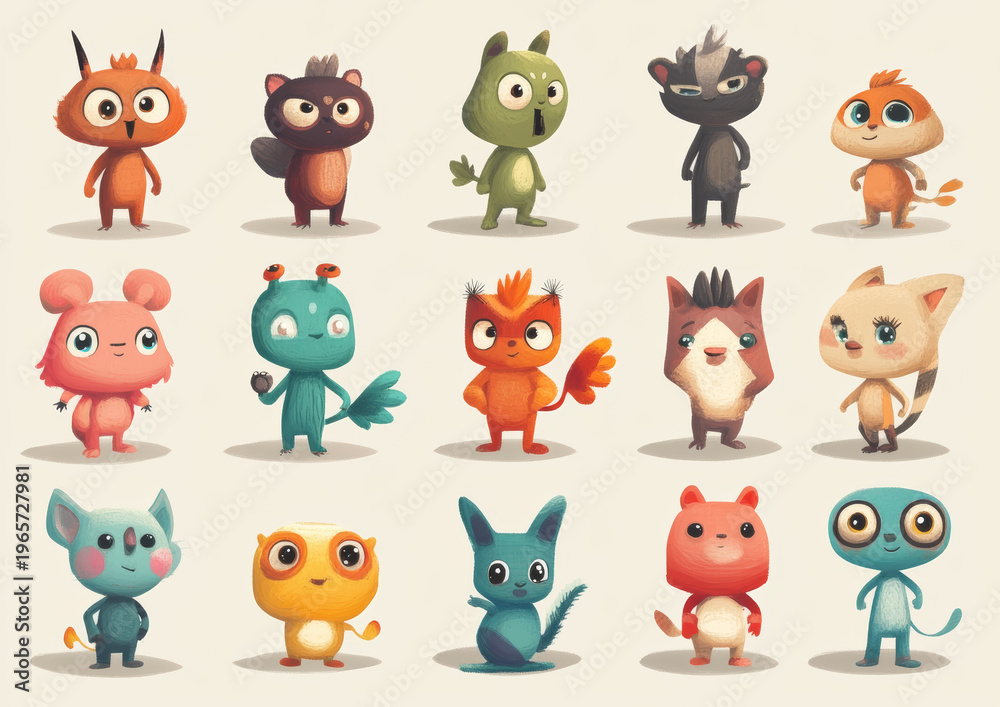 Fototapeta premium Colorful cartoon animal characters standing.