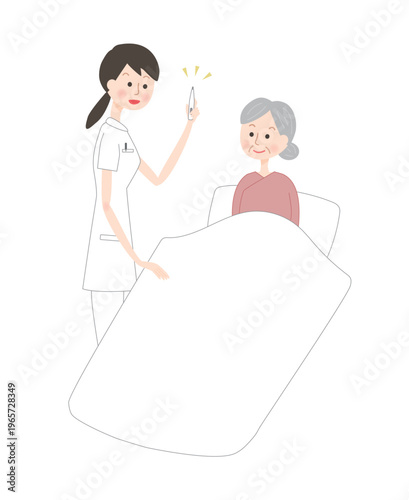 入院するシニア女性の体温を測る看護師