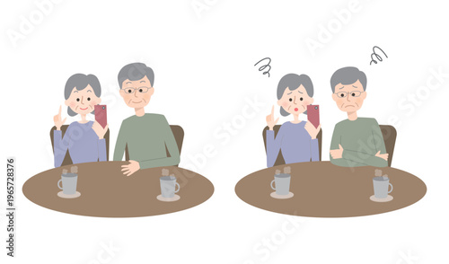 スマートフォンを操作するシニア夫婦の表情セット