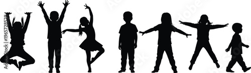Silhouettes of playful children jumping, dancing, posing and moving in fun energetic positions, expressing happiness and childhood activity moments.