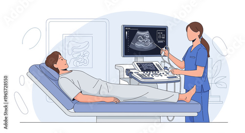 Doctor performing ultrasound on patient lying on examination bed in clinic