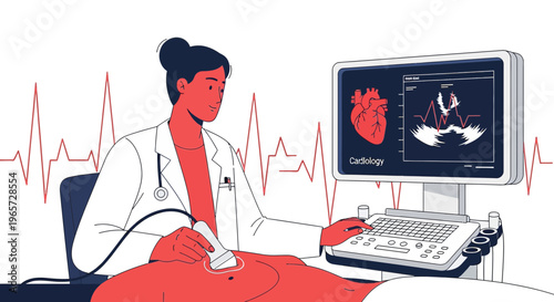 Doctor performing ultrasound on patient, heart scan on screen, cardiology concept