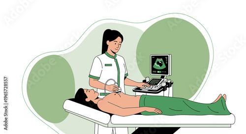 Doctor performing ultrasound on patient lying on examination bed, medical technology