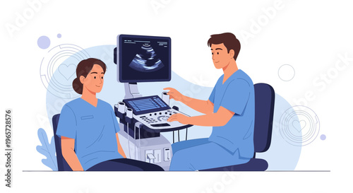Doctor performing ultrasound on patient, medical equipment, heart scan on screen