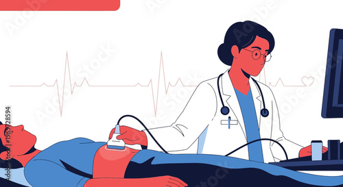 Doctor performing ultrasound on patient, medical examination, healthcare concept