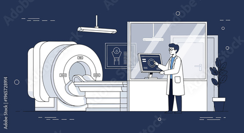 Doctor Operating MRI Scanner Machine in Medical Diagnostic Room with Patient