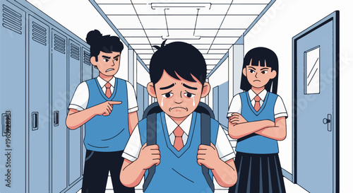 Sad student crying in school hallway with two stern peers