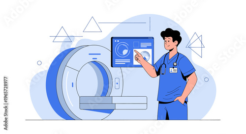 Doctor operating MRI scanner with futuristic interface, medical technology concept