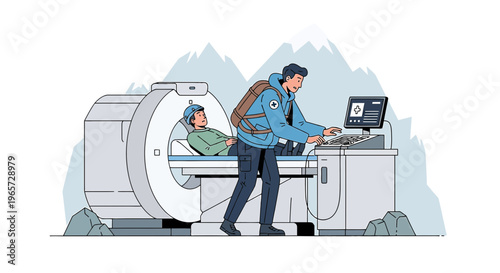Doctor operating MRI scanner on patient in remote mountain clinic, advanced healthcare concept