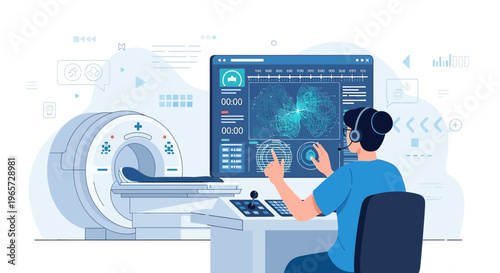 Doctor operating MRI scanner with brain scan on screen, medical technology concept