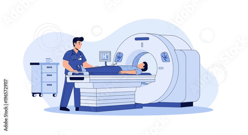 Doctor operating MRI scanner with patient inside for medical imaging scan