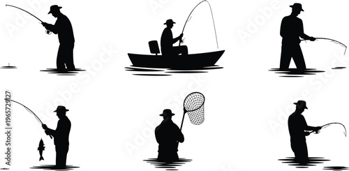 Fishing angler silhouette collection with boat, rod and net, outdoor sport vector set for hobby, recreation and nature illustration design