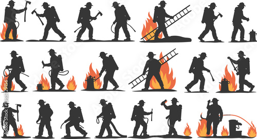 Firefighter silhouettes collection showing fire rescue actions with hoses ladders and extinguishers battling flames isolated on white background for emergency service safety and heroism concept