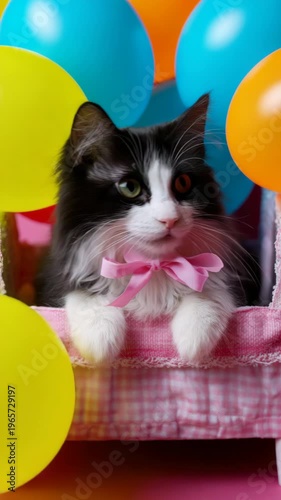 Fluffy kitten in pink bow playing with colorful balloons on pink background