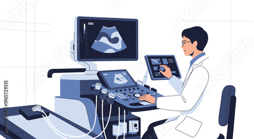 Doctor operating ultrasound machine for medical imaging diagnosis in clinic