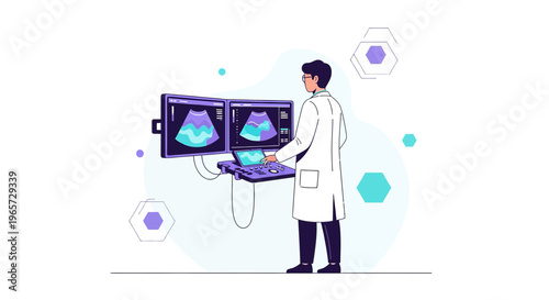 Doctor Operating Ultrasound Machine with Fetal Scan on Screen
