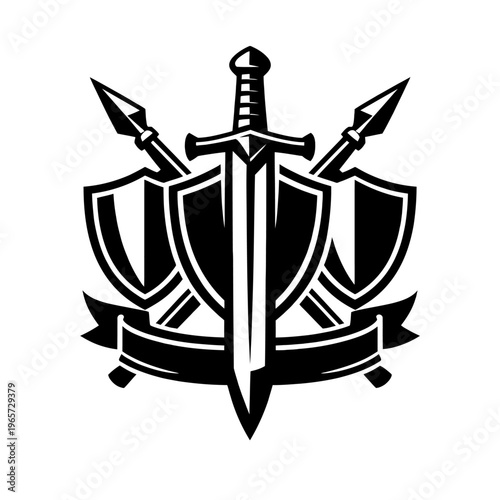 Black silhouette of a sword with two shields and crossed spears on a ribbon banner, symbolizing strength and protection