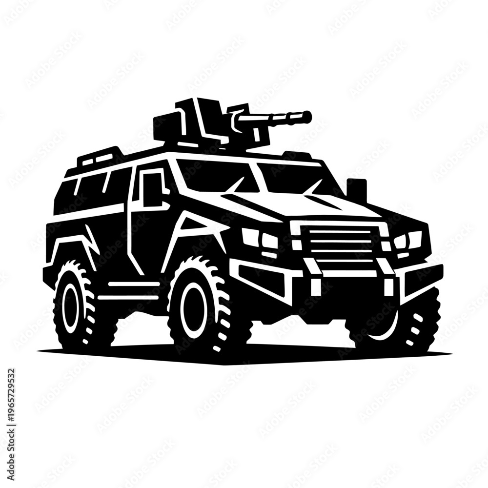 Obraz premium Black silhouette of a military vehicle with a mounted gun on top, isolated on a white background for design and editorial use