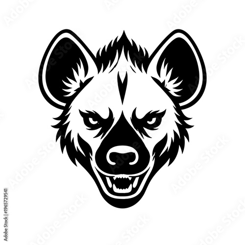 A black and white illustration of a hyena's head with an aggressive expression on its face and sharp teeth