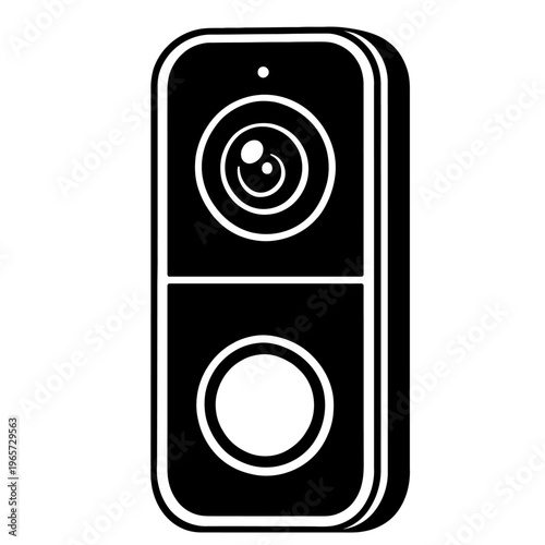 Black and white illustration of a smart doorbell with camera and button for visitors