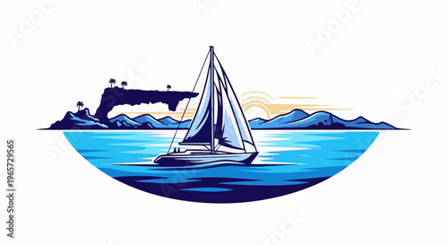 Sailboat navigates calm ocean waters near tropical islands at sunset