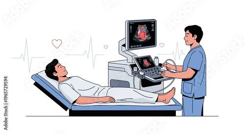 Doctor performing heart ultrasound on male patient, medical diagnostic procedure