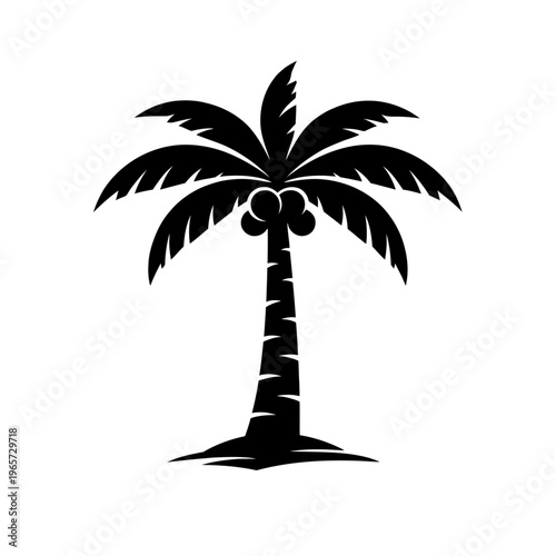 A black silhouette of a palm tree with coconuts on a white background, symbolizing tropical vacations and serene landscapes.